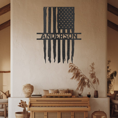 Vertical American Flag Metal Wall Art with Customizable Last Name