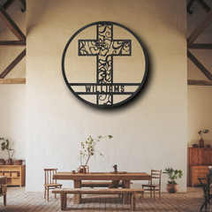 Customizable Floral Cross Circle Metal Wall Art