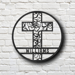 Customizable Floral Cross Circle Metal Wall Art