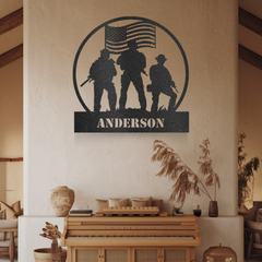 Customizable Soldiers in Front of Flag Circular Metal Wall Art