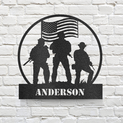 Customizable Soldiers in Front of Flag Circular Metal Wall Art