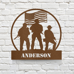 Customizable Soldiers in Front of Flag Circular Metal Wall Art