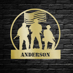 Customizable Soldiers in Front of Flag Circular Metal Wall Art