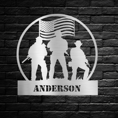 Customizable Soldiers in Front of Flag Circular Metal Wall Art